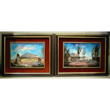 COPPIA QUADRO OLIO Voltolino Fontani PAESAGGIO CASALE TOSCANA ESPRESSIONISMO 900