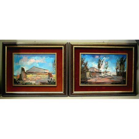 COPPIA QUADRO OLIO Voltolino Fontani PAESAGGIO CASALE TOSCANA ESPRESSIONISMO 900