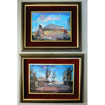 COPPIA QUADRO OLIO Voltolino Fontani PAESAGGIO CASALE TOSCANA ESPRESSIONISMO 900