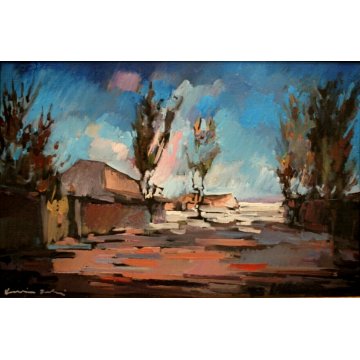 COPPIA QUADRO OLIO Voltolino Fontani PAESAGGIO CASALE TOSCANA ESPRESSIONISMO 900