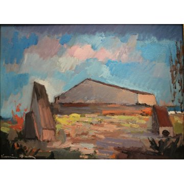 COPPIA QUADRO OLIO Voltolino Fontani PAESAGGIO CASALE TOSCANA ESPRESSIONISMO 900
