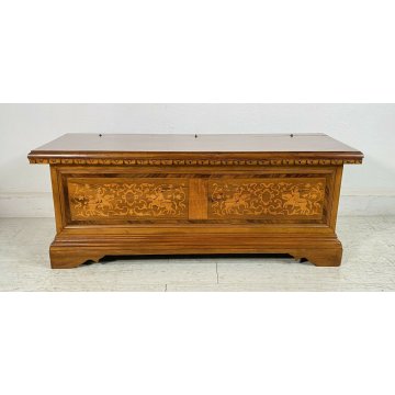 ANTICA PICCOLA CASSAPANCA INTARSIATA LEGNO PIOPPO META' 1900 PANCA BAULE 1940 
