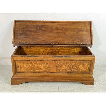ANTICA PICCOLA CASSAPANCA INTARSIATA LEGNO PIOPPO META' 1900 PANCA BAULE 1940 