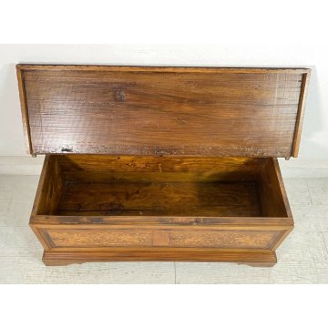 ANTICA PICCOLA CASSAPANCA INTARSIATA LEGNO PIOPPO META' 1900 PANCA BAULE 1940 