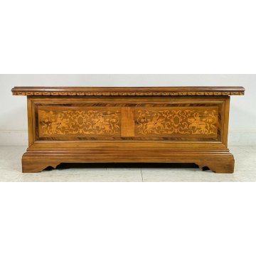 ANTICA PICCOLA CASSAPANCA INTARSIATA LEGNO PIOPPO META' 1900 PANCA BAULE 1940 