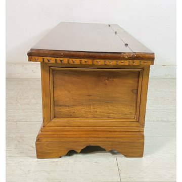 ANTICA PICCOLA CASSAPANCA INTARSIATA LEGNO PIOPPO META' 1900 PANCA BAULE 1940 