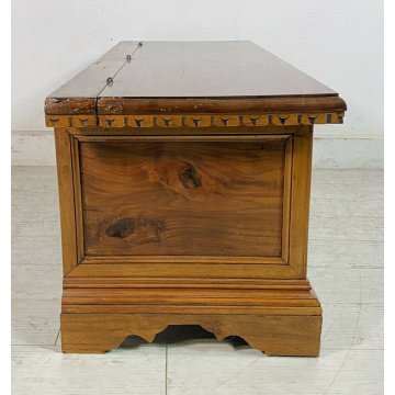 ANTICA PICCOLA CASSAPANCA INTARSIATA LEGNO PIOPPO META' 1900 PANCA BAULE 1940 