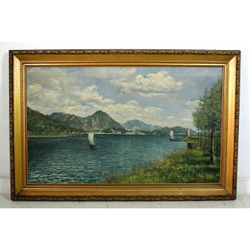 GRANDE QUADRO OLIO TELA E.Piacentini PAESAGGIO LAGO MAGGIORE ISOLE BORROMEO '900