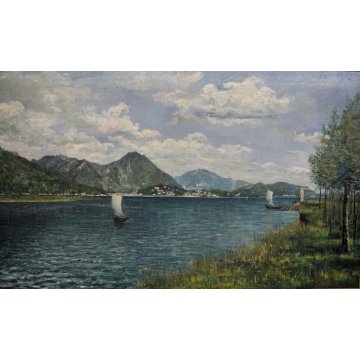 GRANDE QUADRO OLIO TELA E.Piacentini PAESAGGIO LAGO MAGGIORE ISOLE BORROMEO '900