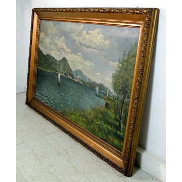 GRANDE QUADRO OLIO TELA E.Piacentini PAESAGGIO LAGO MAGGIORE ISOLE BORROMEO '900