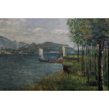 GRANDE QUADRO OLIO TELA E.Piacentini PAESAGGIO LAGO MAGGIORE ISOLE BORROMEO '900