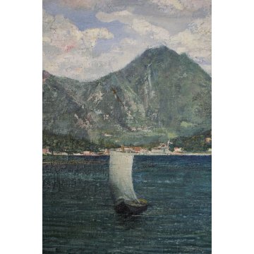 GRANDE QUADRO OLIO TELA E.Piacentini PAESAGGIO LAGO MAGGIORE ISOLE BORROMEO '900