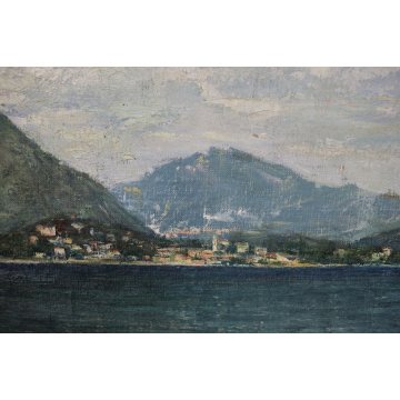 GRANDE QUADRO OLIO TELA E.Piacentini PAESAGGIO LAGO MAGGIORE ISOLE BORROMEO '900