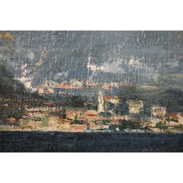 GRANDE QUADRO OLIO TELA E.Piacentini PAESAGGIO LAGO MAGGIORE ISOLE BORROMEO '900