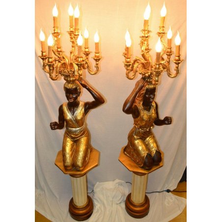 COPPIA LAMPADA TERRA VINTAGE 2 MORI BAROCCO VENEZIANO CANDELIERE DORATO MORO OLD