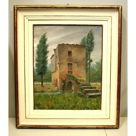 ANTICO QUADRO OLIO V. Scuffi PAESAGGIO RURALE TOSCANO CASOLARE CIPRESSI PONTE 