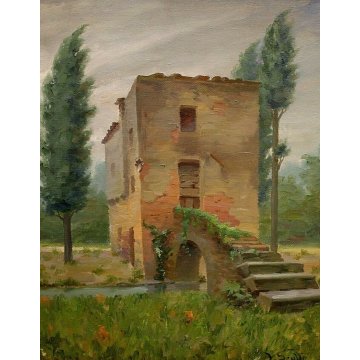 ANTICO QUADRO OLIO V. Scuffi PAESAGGIO RURALE TOSCANO CASOLARE CIPRESSI PONTE 