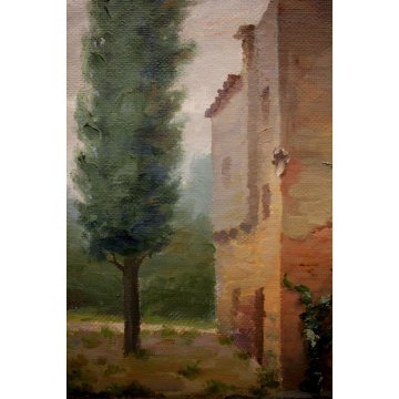 ANTICO QUADRO OLIO V. Scuffi PAESAGGIO RURALE TOSCANO CASOLARE CIPRESSI PONTE 