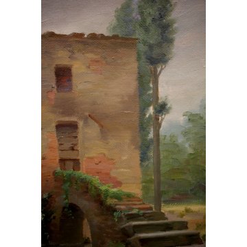 ANTICO QUADRO OLIO V. Scuffi PAESAGGIO RURALE TOSCANO CASOLARE CIPRESSI PONTE 