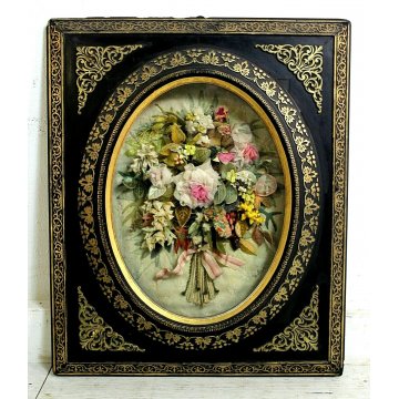 ANTICA CORNICE VITTORIANA OVALE BOUQUET FIORI TESSUTO SENTIMENTAL MOURNIG '800