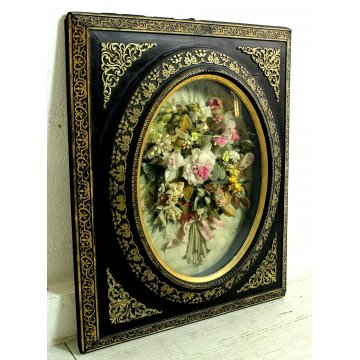 ANTICA CORNICE VITTORIANA OVALE BOUQUET FIORI TESSUTO SENTIMENTAL MOURNIG '800