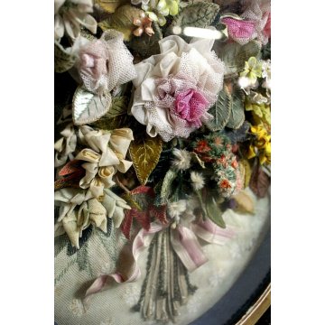 ANTICA CORNICE VITTORIANA OVALE BOUQUET FIORI TESSUTO SENTIMENTAL MOURNIG '800