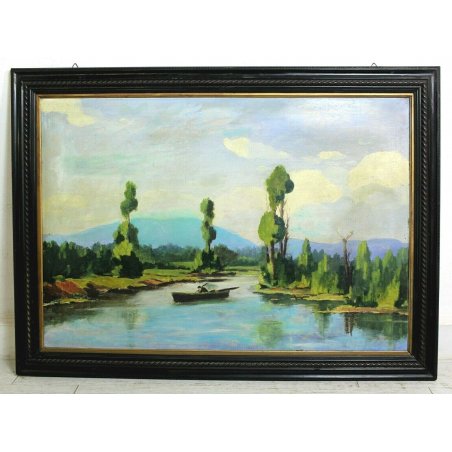 GRANDE QUADRO OLIO TAVOLA PAESAGGIO FLUVIALE BARCA PESCATORE MACCHIAIOLO 