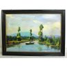 GRANDE QUADRO OLIO TAVOLA PAESAGGIO FLUVIALE BARCA PESCATORE MACCHIAIOLO 