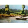 GRANDE QUADRO OLIO TAVOLA PAESAGGIO FLUVIALE BARCA PESCATORE MACCHIAIOLO 