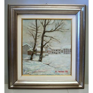 ANTICO QUADRO OLIO TELA  Aldo Cairo '75 PAESAGGIO INVERNALE CASE NEVE Pallanza