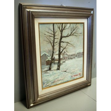 ANTICO QUADRO OLIO TELA  Aldo Cairo '75 PAESAGGIO INVERNALE CASE NEVE Pallanza