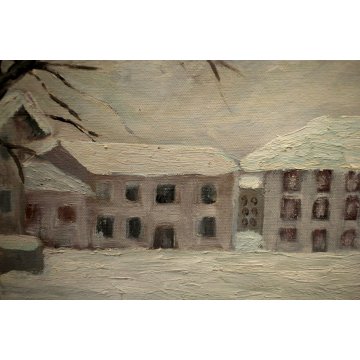 ANTICO QUADRO OLIO TELA  Aldo Cairo '75 PAESAGGIO INVERNALE CASE NEVE Pallanza