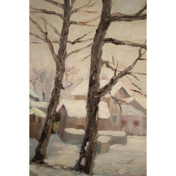 ANTICO QUADRO OLIO TELA  Aldo Cairo '75 PAESAGGIO INVERNALE CASE NEVE Pallanza