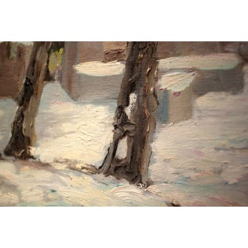 ANTICO QUADRO OLIO TELA  Aldo Cairo '75 PAESAGGIO INVERNALE CASE NEVE Pallanza