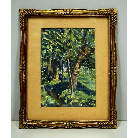ANTICO PICCOLO QUADRO ACQUERELLO PAESAGGIO SCORCIO SENTIERO BOSCO plein air '900