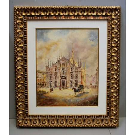 ANTICO QUADRO OLIO TELA Mantovani VEDUTA piazza DUOMO FIGURE Vecchia Milano '900