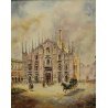 ANTICO QUADRO OLIO TELA Mantovani VEDUTA piazza DUOMO FIGURE Vecchia Milano '900