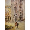 ANTICO QUADRO OLIO TELA Mantovani VEDUTA piazza DUOMO FIGURE Vecchia Milano '900