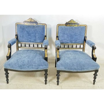 COPPIA POLTRONA ANTICA PRIMISSIMI 1900 INTARSIATA OTTONE MADREPERLA EBANIZZATA 