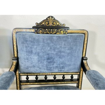 COPPIA POLTRONA ANTICA PRIMISSIMI 1900 INTARSIATA OTTONE MADREPERLA EBANIZZATA 