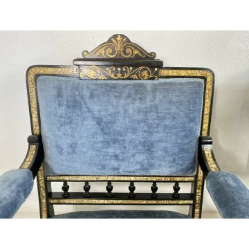 COPPIA POLTRONA ANTICA PRIMISSIMI 1900 INTARSIATA OTTONE MADREPERLA EBANIZZATA 