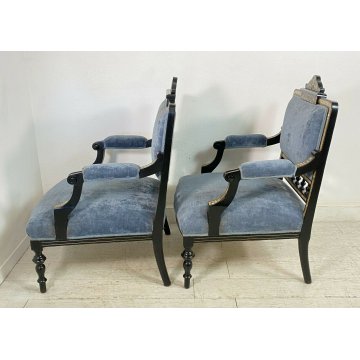 COPPIA POLTRONA ANTICA PRIMISSIMI 1900 INTARSIATA OTTONE MADREPERLA EBANIZZATA 