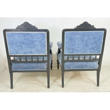 COPPIA POLTRONA ANTICA PRIMISSIMI 1900 INTARSIATA OTTONE MADREPERLA EBANIZZATA 