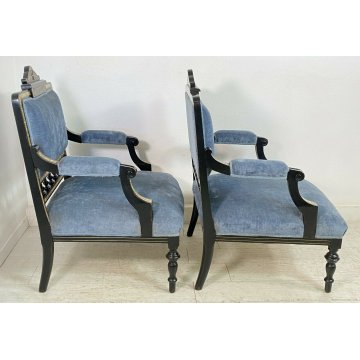 COPPIA POLTRONA ANTICA PRIMISSIMI 1900 INTARSIATA OTTONE MADREPERLA EBANIZZATA 