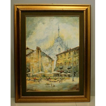 ANTICO QUADRO OLIO Mantovani VEDUTA DUOMO Vecchia Milano VERZIERE MERCATO FIORI 