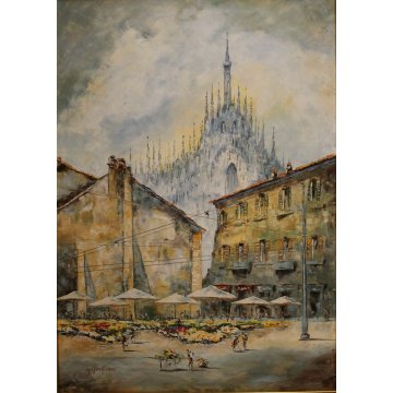 ANTICO QUADRO OLIO Mantovani VEDUTA DUOMO Vecchia Milano VERZIERE MERCATO FIORI 