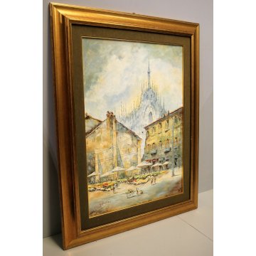 ANTICO QUADRO OLIO Mantovani VEDUTA DUOMO Vecchia Milano VERZIERE MERCATO FIORI 