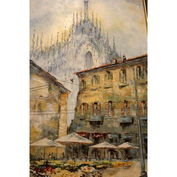 ANTICO QUADRO OLIO Mantovani VEDUTA DUOMO Vecchia Milano VERZIERE MERCATO FIORI 