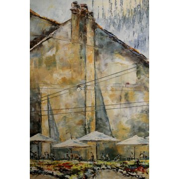 ANTICO QUADRO OLIO Mantovani VEDUTA DUOMO Vecchia Milano VERZIERE MERCATO FIORI 