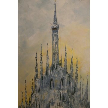 ANTICO QUADRO OLIO Mantovani VEDUTA DUOMO Vecchia Milano VERZIERE MERCATO FIORI 